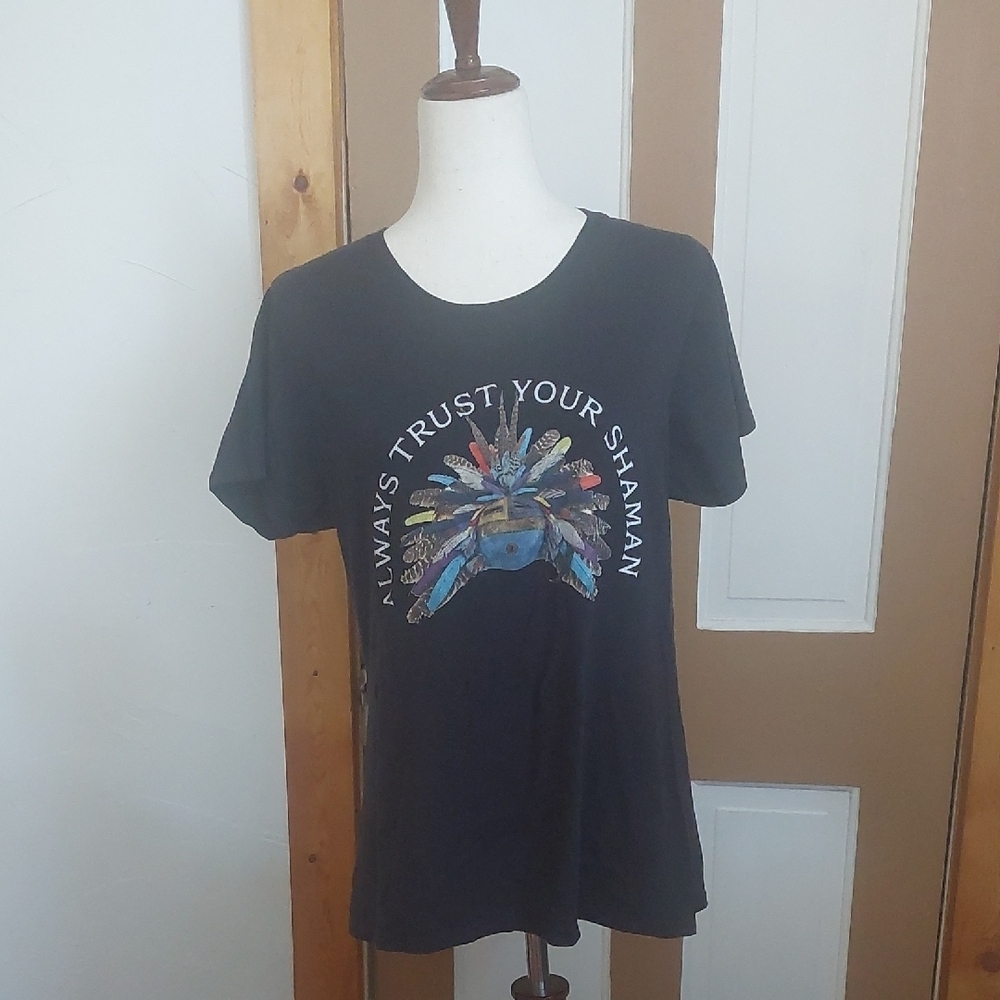 Black Graphic Tee with Colorful Design #0419K